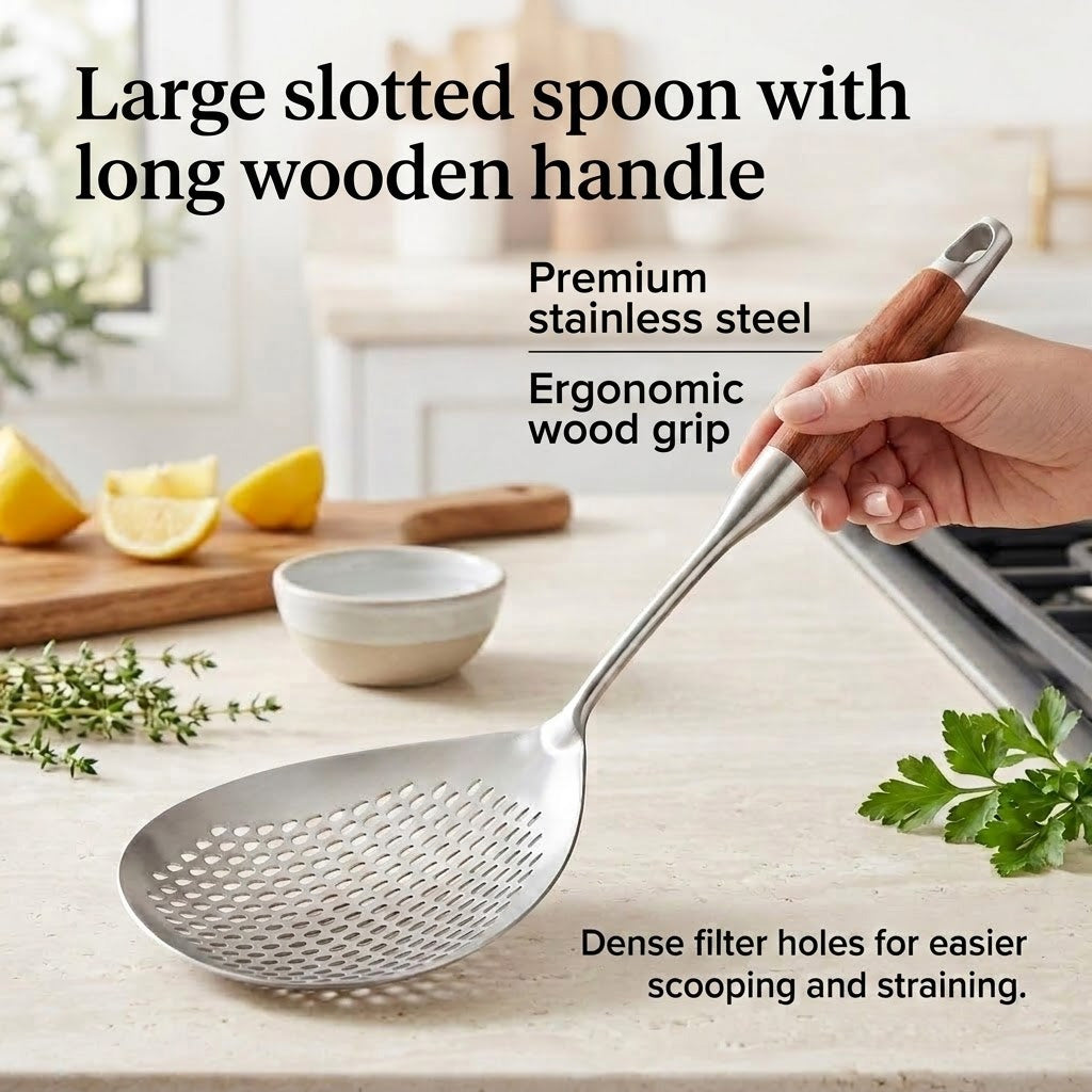 Girenavo®Large Slotted Spoon with Wooden Handle