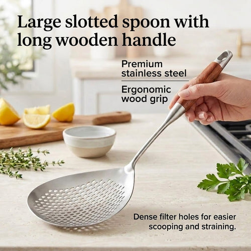 Girenavo®Large Slotted Spoon with Wooden Handle