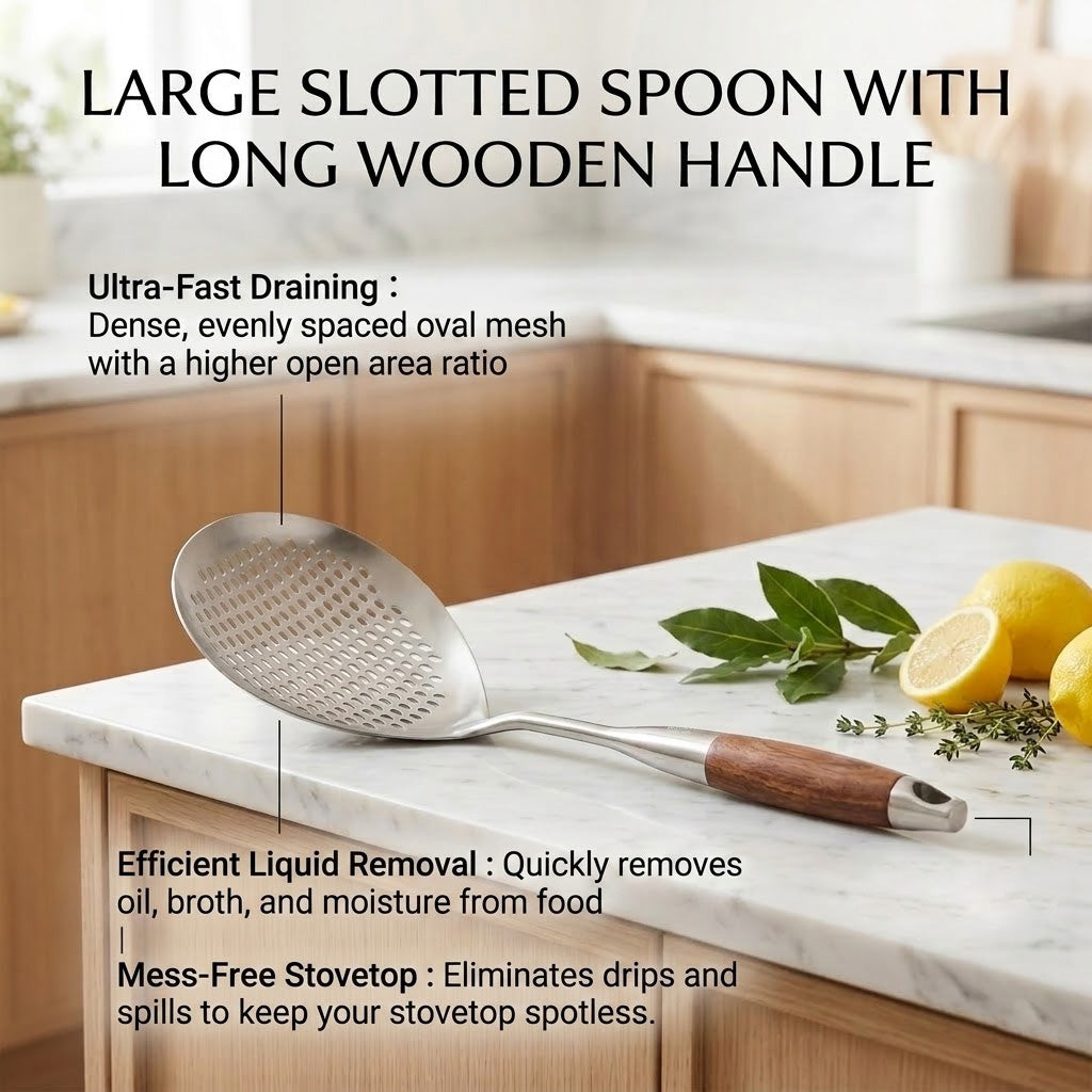 Girenavo®Large Slotted Spoon with Wooden Handle